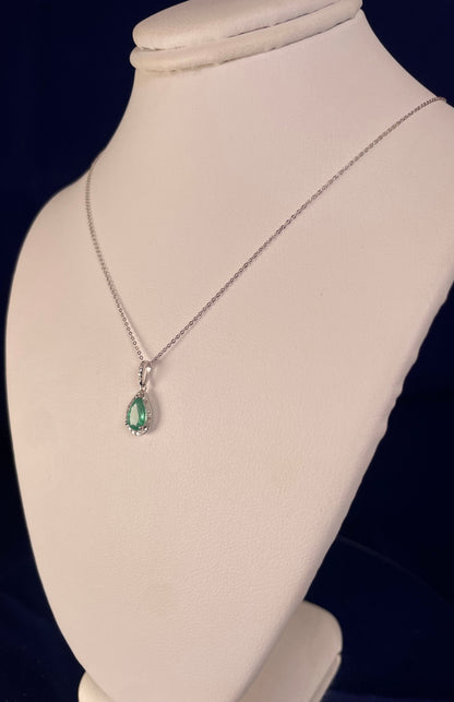 9ct White Gold Emerald & Diamond Cluster Pendant Necklace
