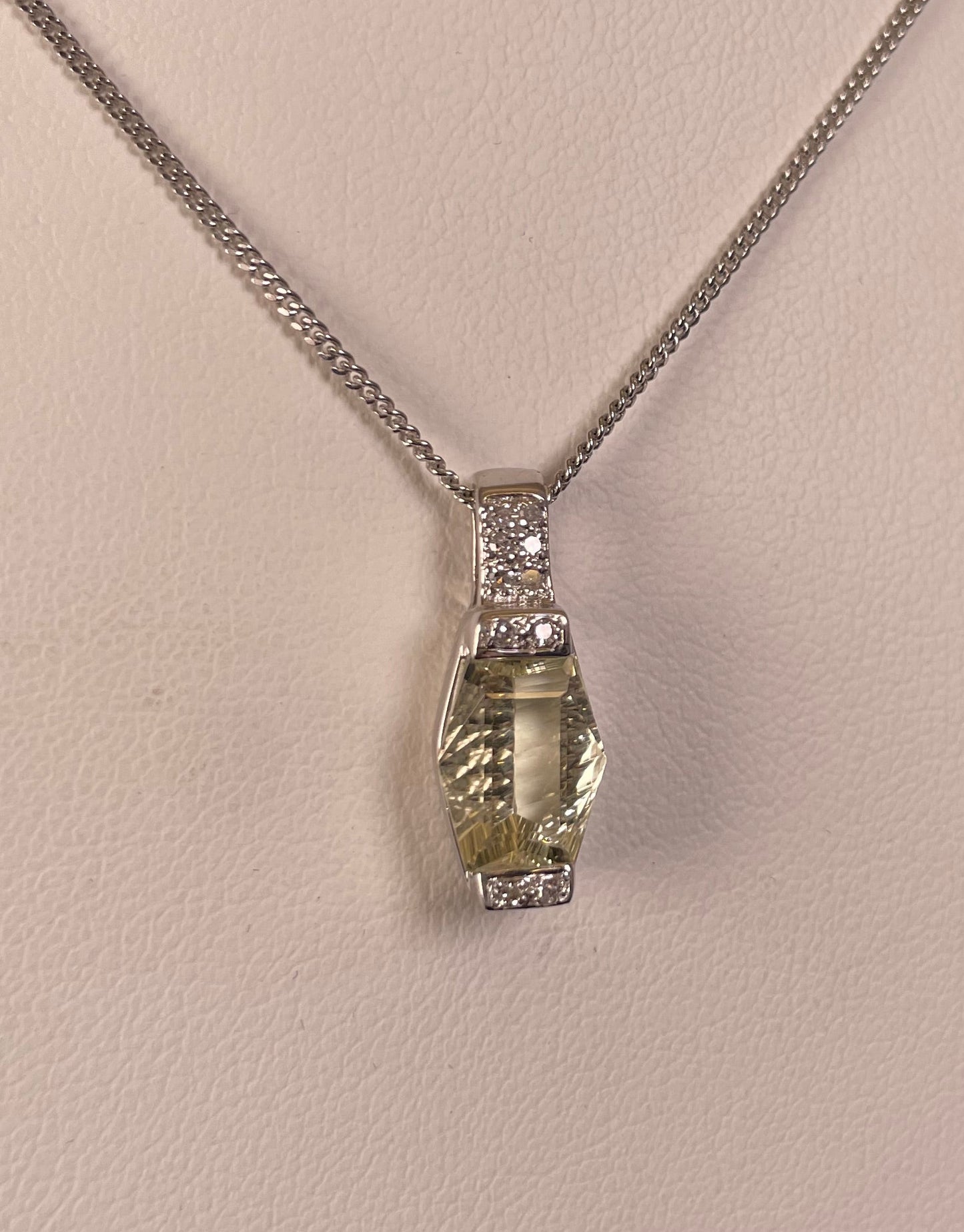 9ct White Gold Lemon Quartz & Diamond Pendant Necklace