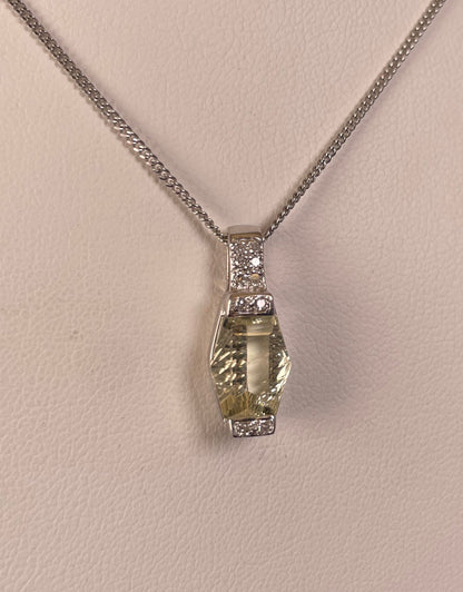 9ct White Gold Lemon Quartz & Diamond Pendant Necklace