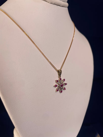 9ct Yellow Gold Diamond & Ruby Snow Flake Pendant Necklace