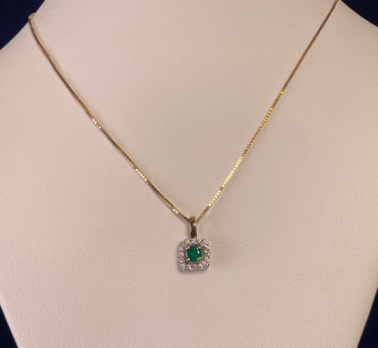 9ct Yellow Gold Emerald With Diamond Cluster Pendant Necklace