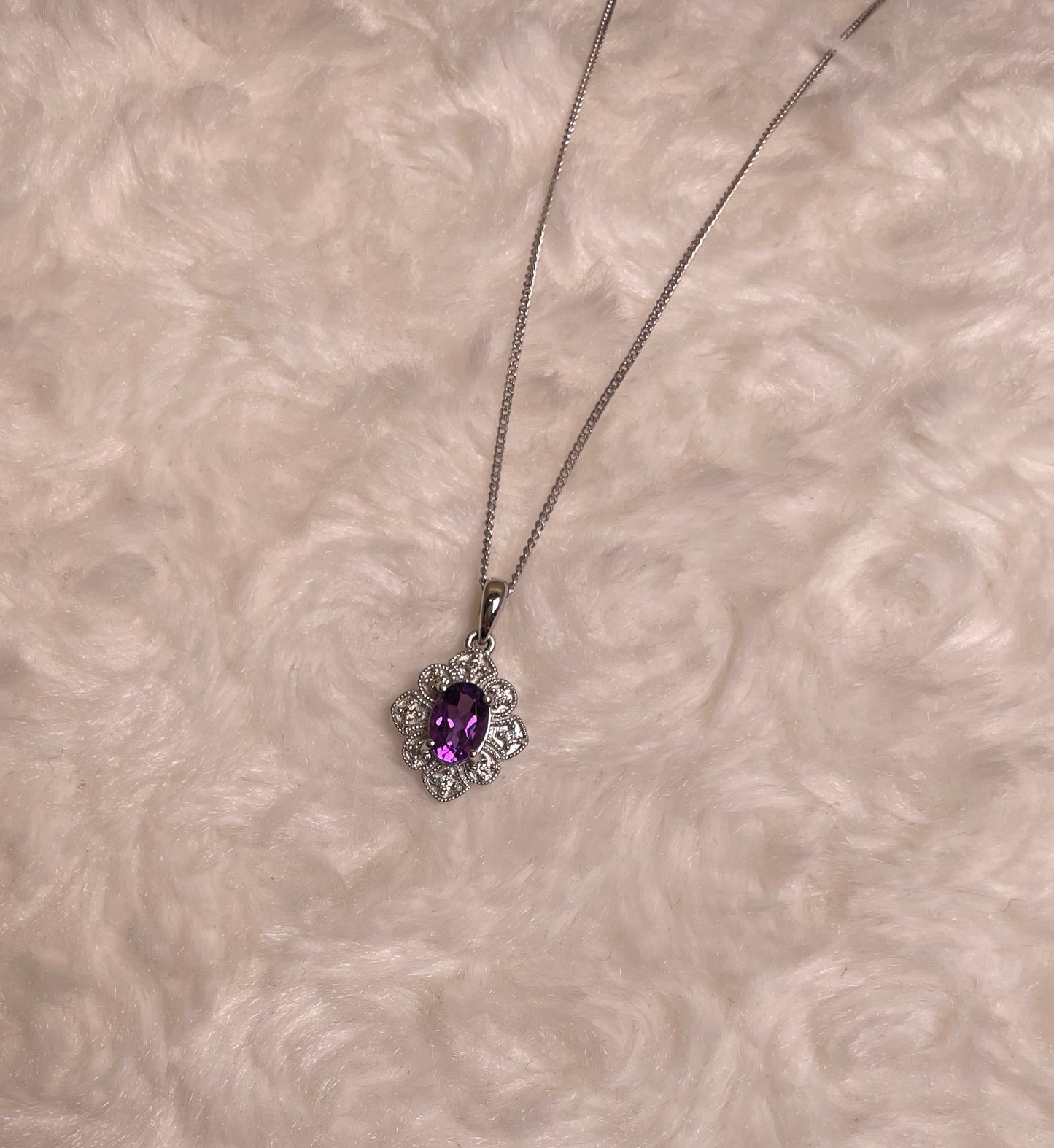 9ct White Gold Amethyst & Diamond Art Deco Pendant Necklace