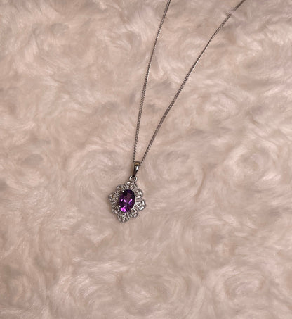 9ct White Gold Amethyst & Diamond Art Deco Pendant Necklace