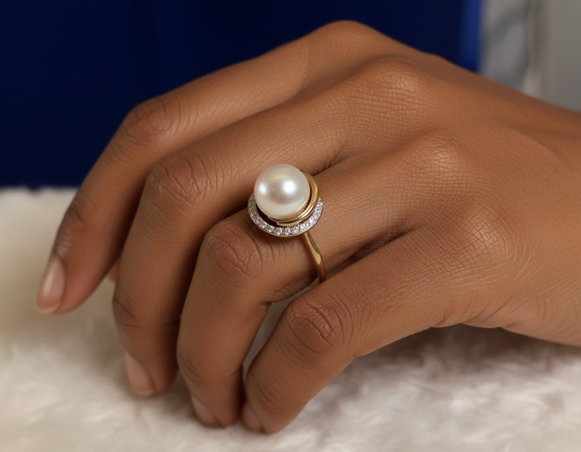 9ct Yellow Gold Fresh Water Cultured Pearl Dress Ring with Diamond Knot Setting