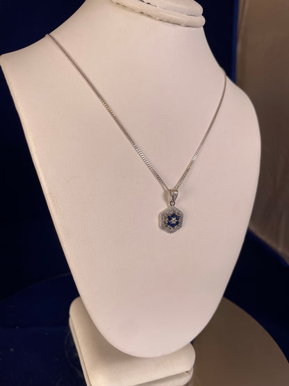 9ct White Gold Sapphire & Diamond Hexagonal Design Pendant Necklace