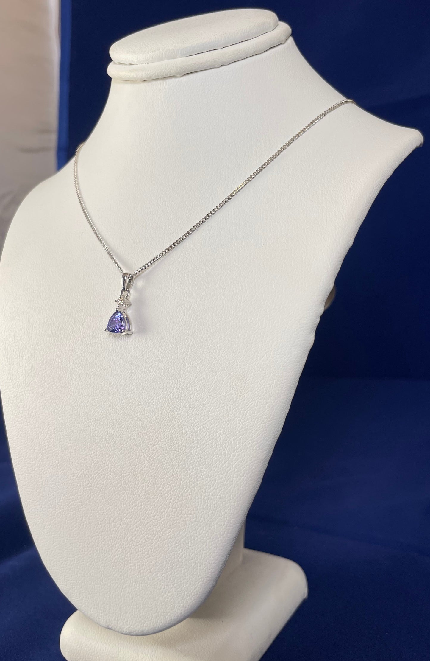 9ct White Gold Triangle Tanzanite Pendant with Small Diamond Necklace
