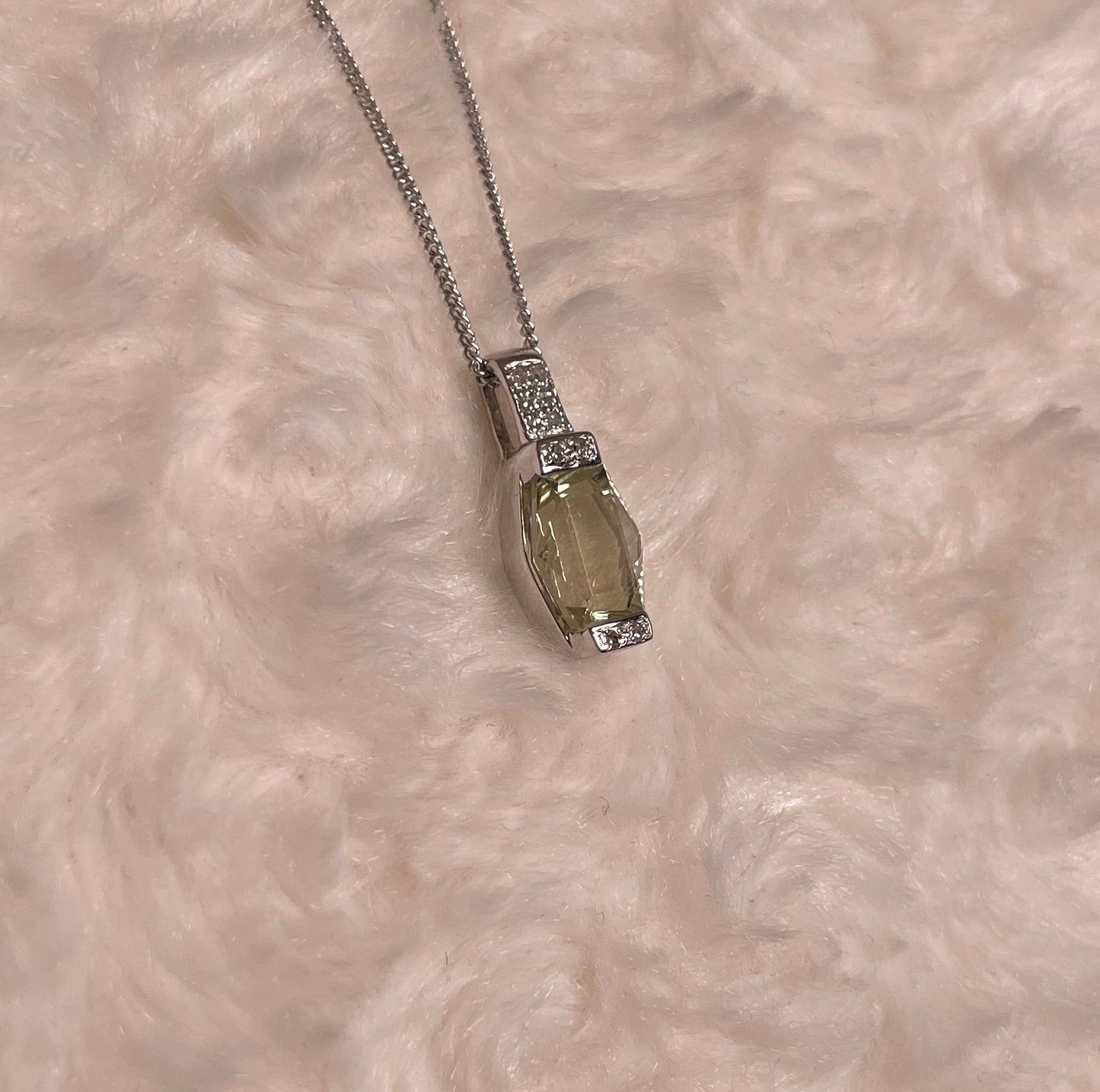 9ct White Gold Lemon Quart & Diamond Pendant Necklace