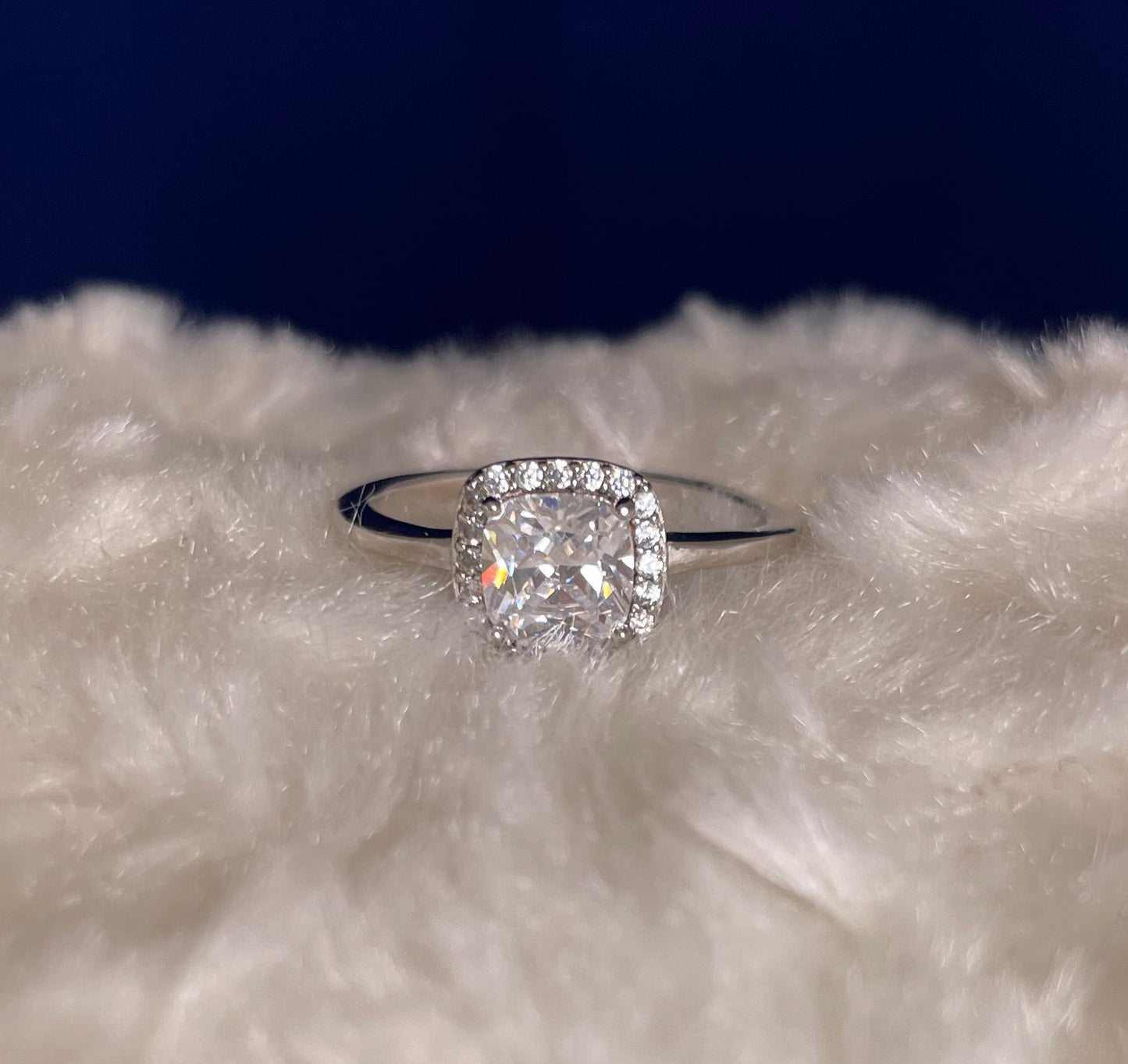 Rhodium-Plated Silver Cushion Shape Cubic Zirconia Cluster Ring