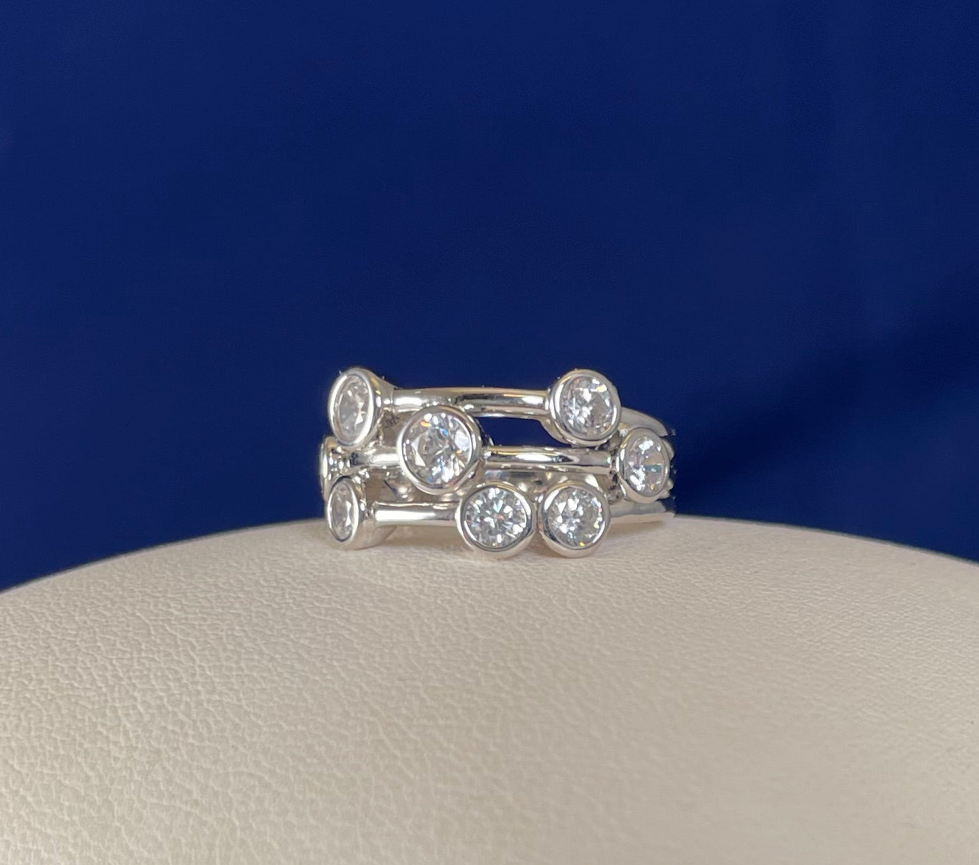 Rhodium-Plated Silver Three Row Boodle Ring with Cubic Zirconia