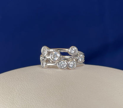 Rhodium-Plated Silver Three Row Boodle Ring with Cubic Zirconia