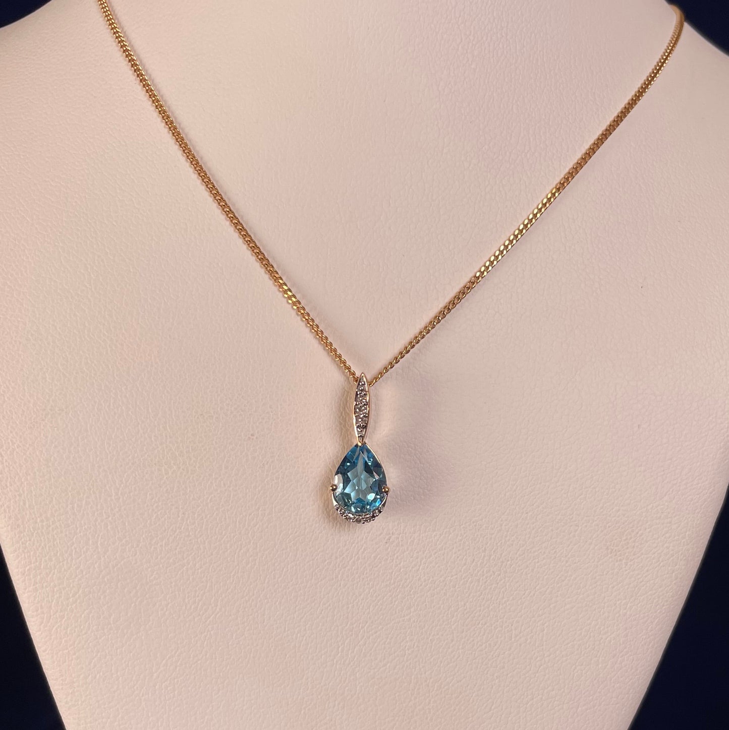9ct Yellow Gold Pear Shape Blue Topaz & Diamond Pendant Necklace