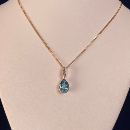 9ct Yellow Gold Pear Shape Blue Topaz & Diamond Pendant Necklace