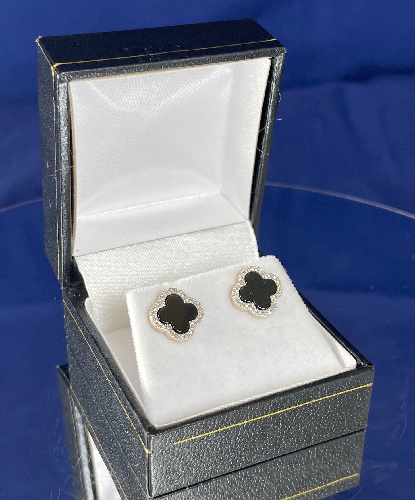 9ct Yellow Gold Onyx & Diamond Clover Earrings