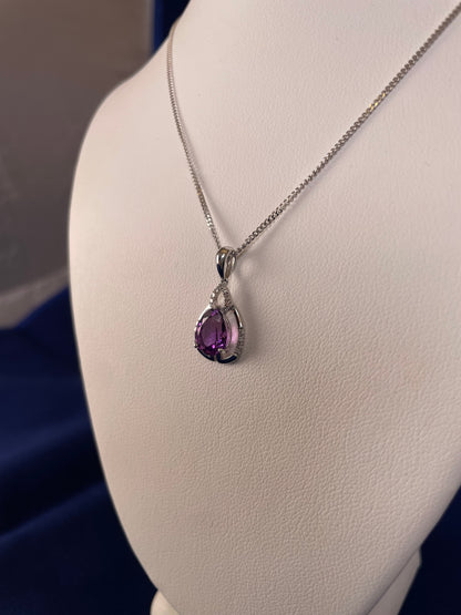 9ct White Gold Pear Amethyst & Diamond Pendant Necklace