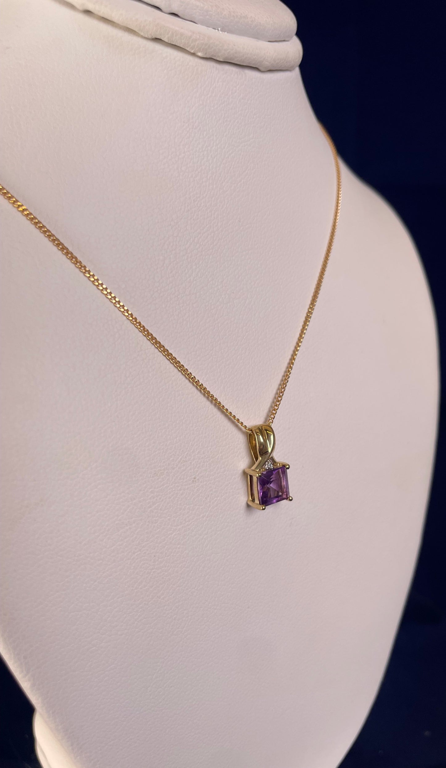 9ct Yellow Gold Square Amethyst with Diamond Chip Pendant Necklace