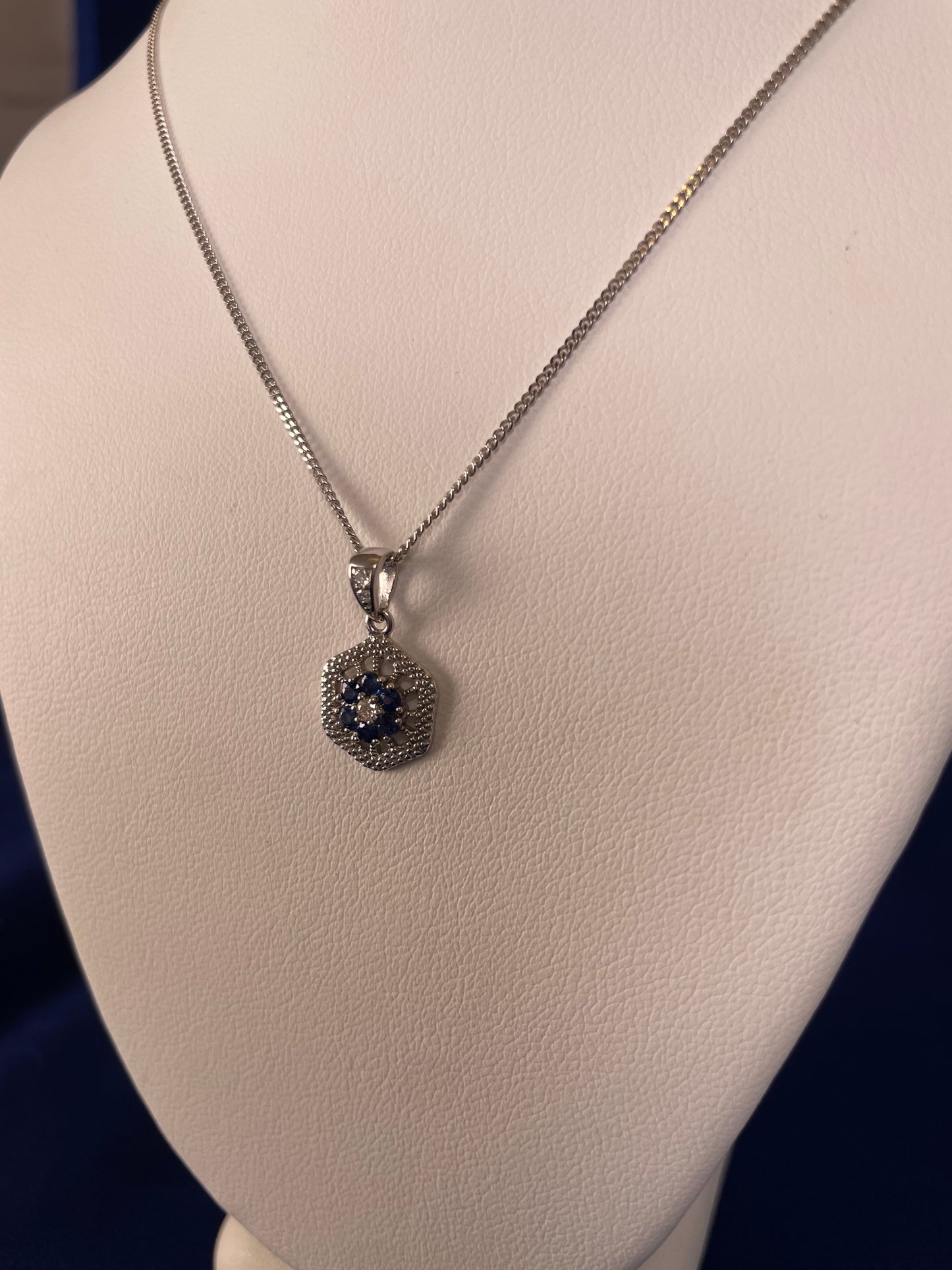 9ct White Gold Sapphire & Diamond Hexagonal Design Pendant Necklace