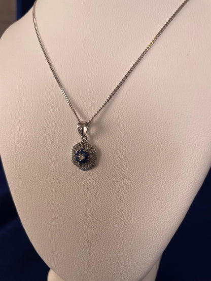 9ct White Gold Sapphire & Diamond Hexagonal Design Pendant Necklace