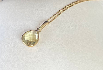 9ct Yellow Gold Pear Shaped Pineapple Cut Lemon Quartz Pendant Necklace