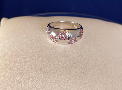 9ct White Gold Dome Dress Ring Set with Five Cluster Pink Sapphire flowers