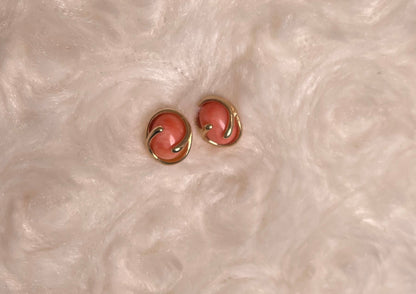 9ct Yellow Gold Oval Coral Cabochon Stud Earring