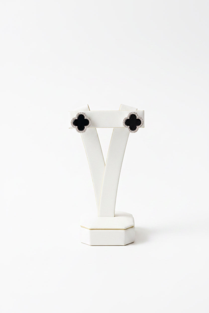 9ct Yellow Gold Onyx & Diamond Clover Earrings