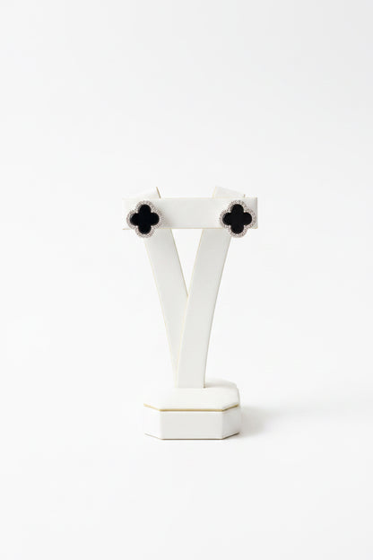 9ct Yellow Gold Onyx & Diamond Clover Earrings