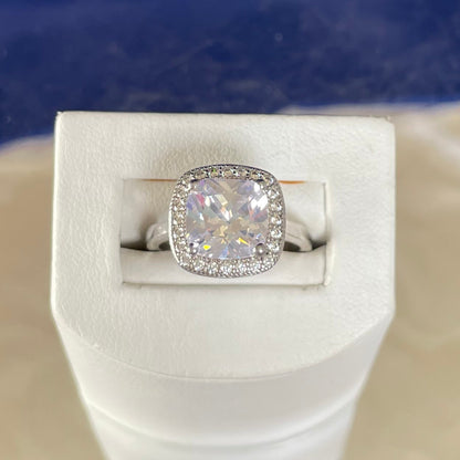 Rhodium-Plated Silver Large Cushion Shape Cubic Zirconia Cluster Ring