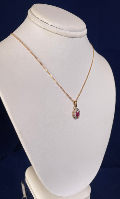 9ct Yellow Gold Marquise Ruby & Diamond Pendant Necklace