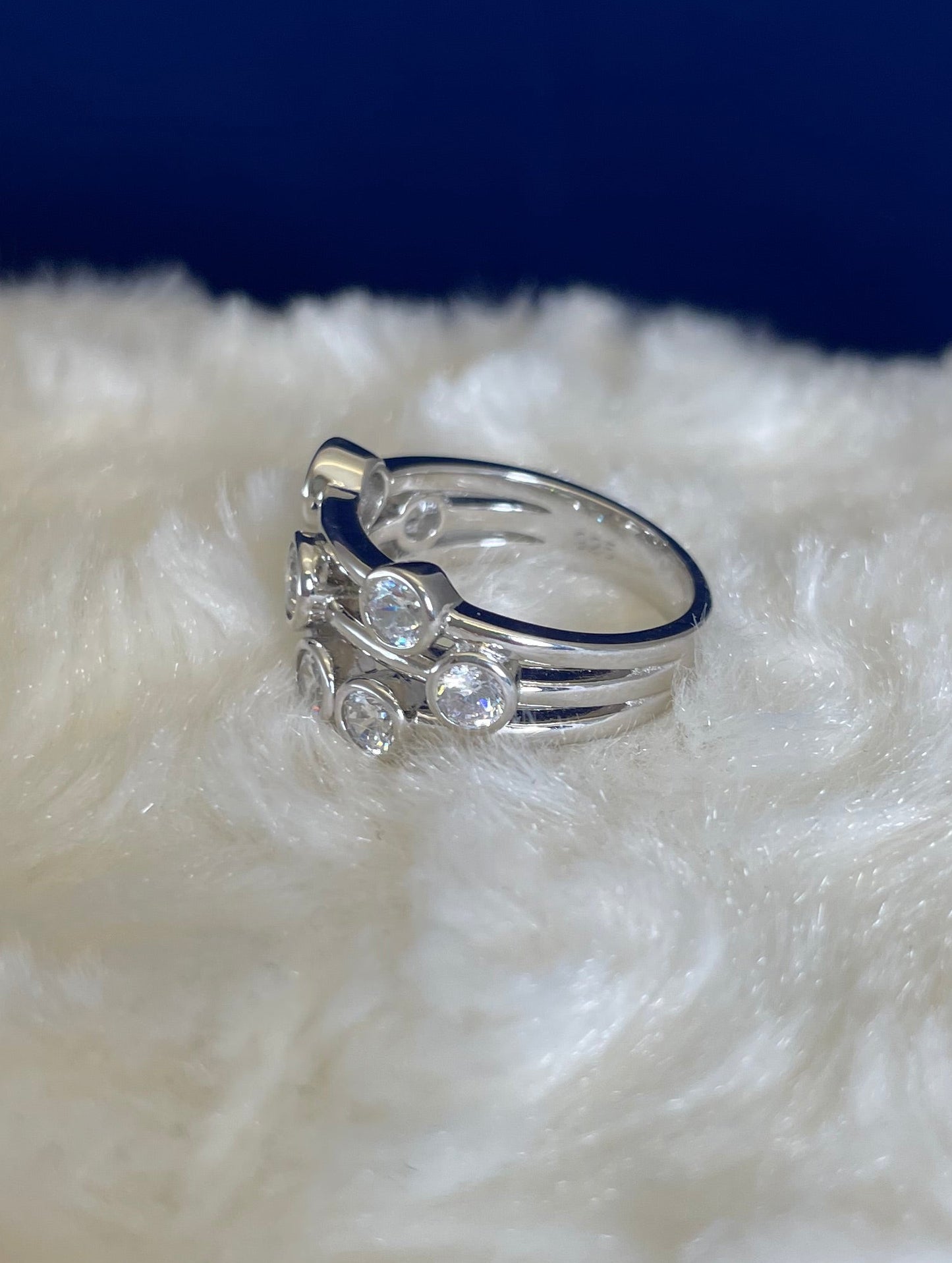 Rhodium-Plated Silver Three Row Boodle Ring with Cubic Zirconia