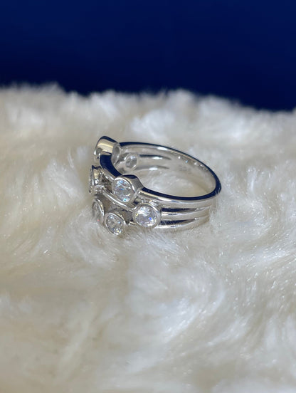 Rhodium-Plated Silver Three Row Boodle Ring with Cubic Zirconia
