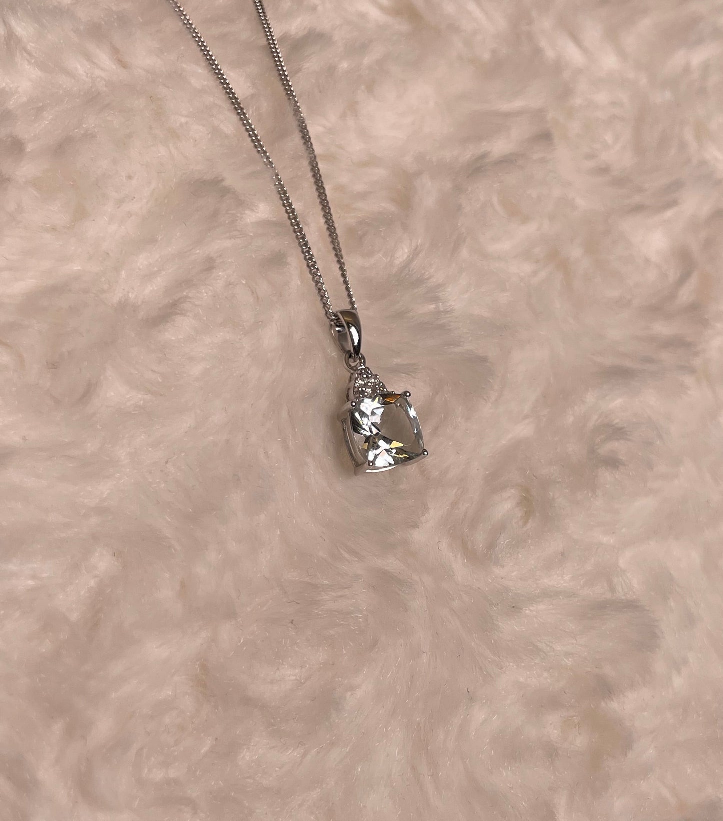 9ct White Gold Cushion Shape Aquamarine with Diamond Chips Pendant Necklace