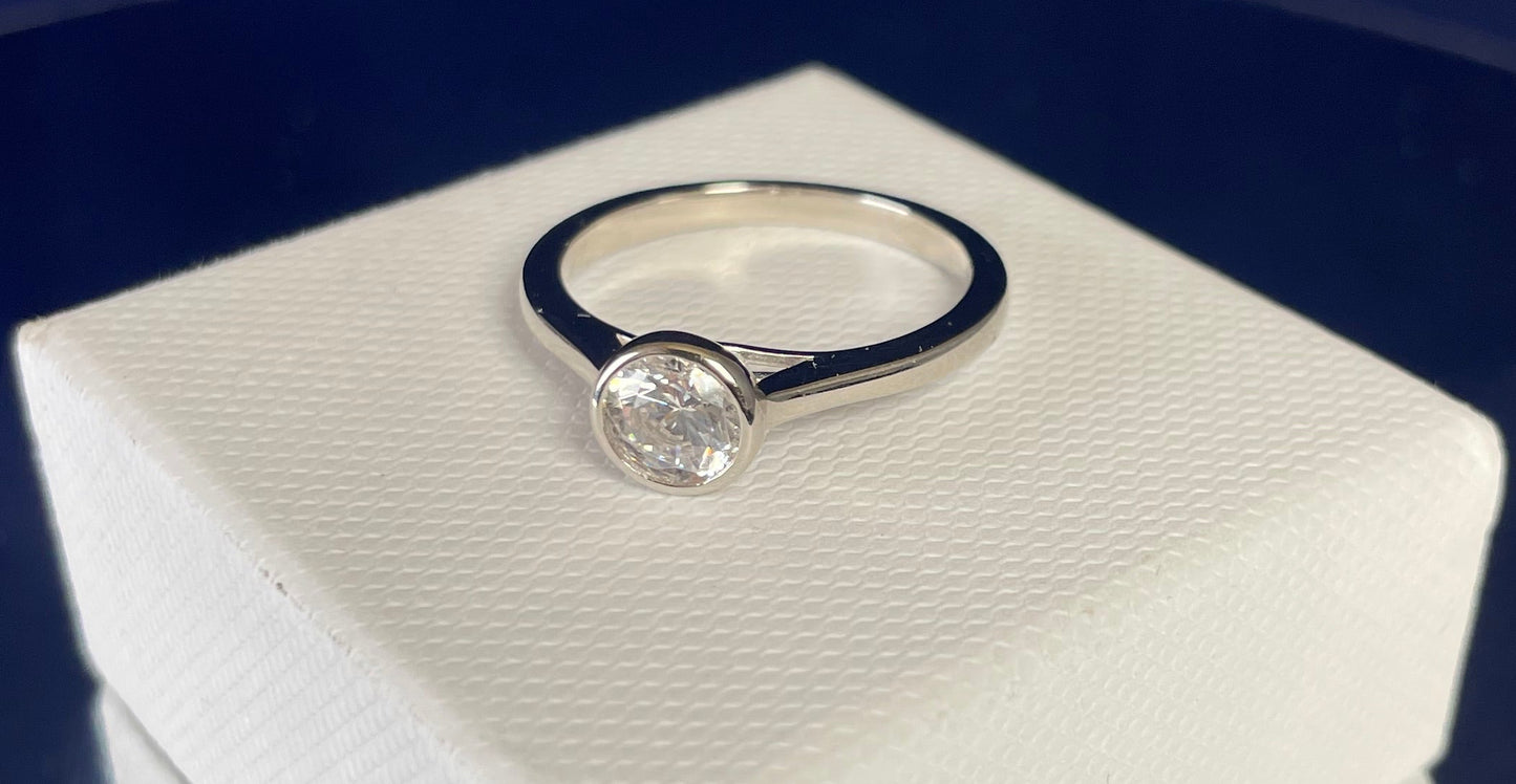 Rhodium-Plated Silver Round Cut Solitaire Cubic Zirconia Bezel Set