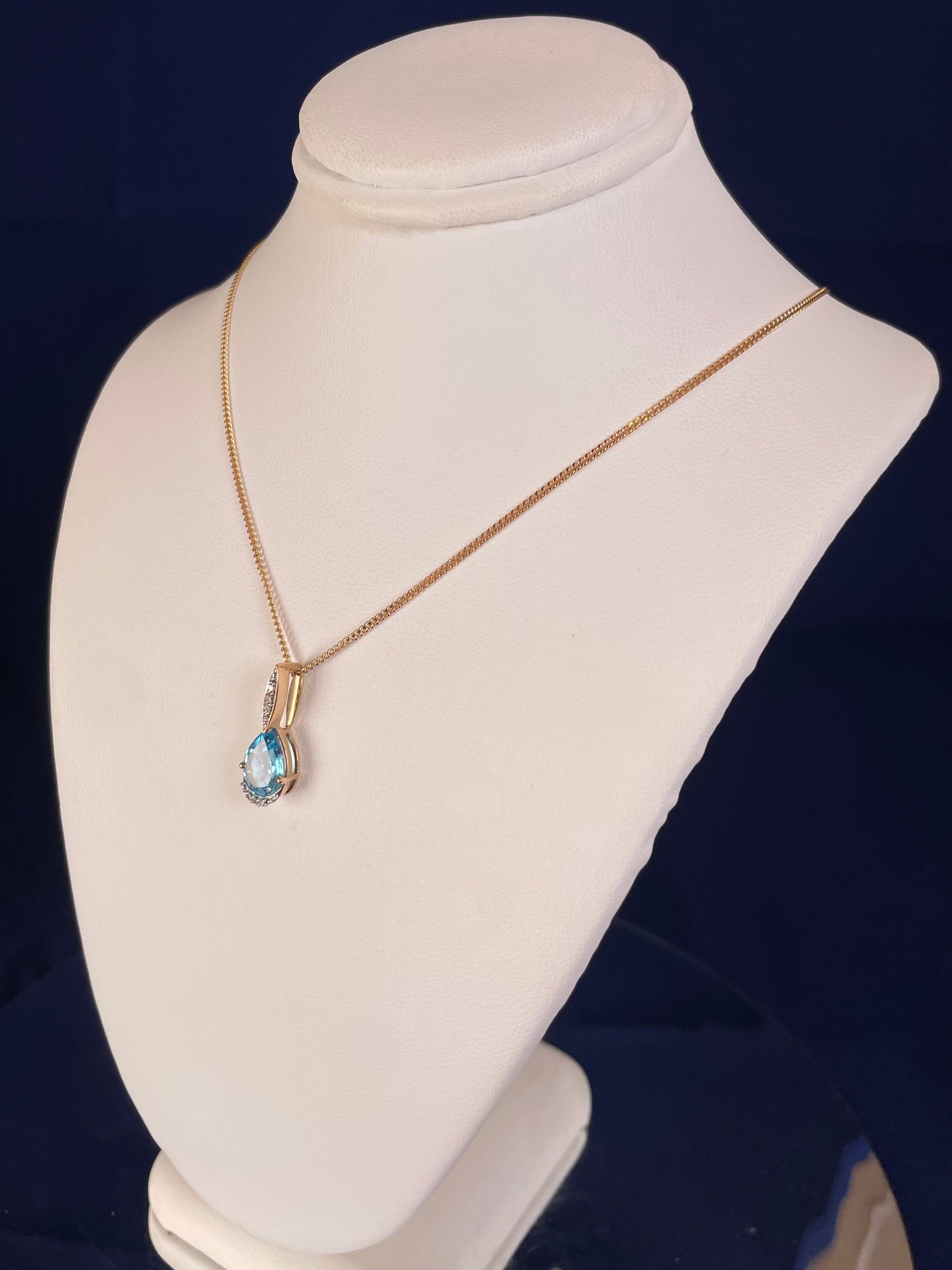 9ct Yellow Gold Pear Shape Blue Topaz & Diamond Pendant Necklace