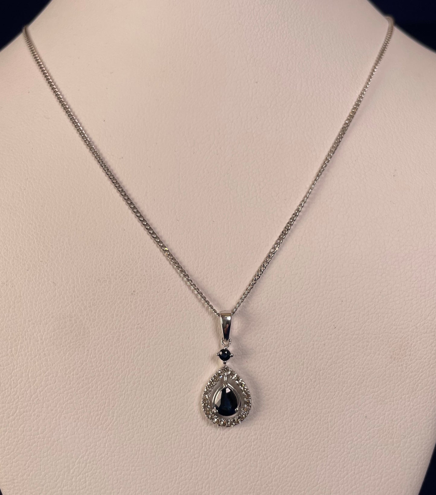 9ct White Gold Sapphire & Diamond Pear Shaped Pendant Necklace