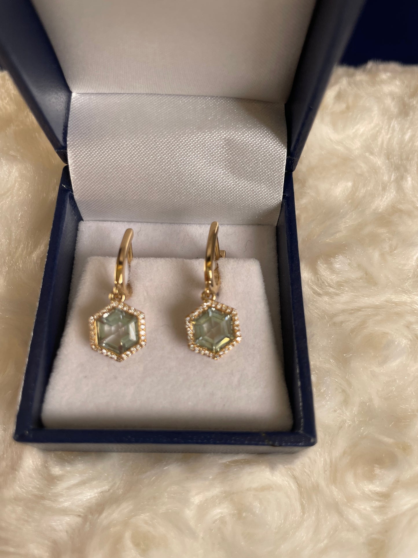 9ct Yellow Gold Green Amethyst & Diamond Set Drop Earrings