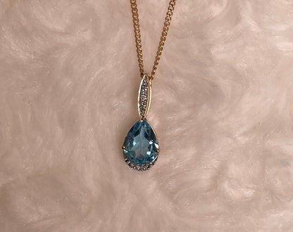 9ct Yellow Gold Pear Shape Blue Topaz & Diamond Pendant Necklace