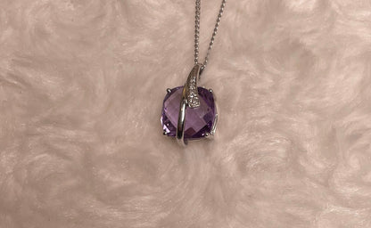9ct White Gold Amethyst Pendant with Diamond Bale Surround Necklace