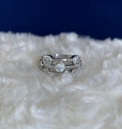 Rhodium-Plated Silver Three Row Boodle Ring with Cubic Zirconia
