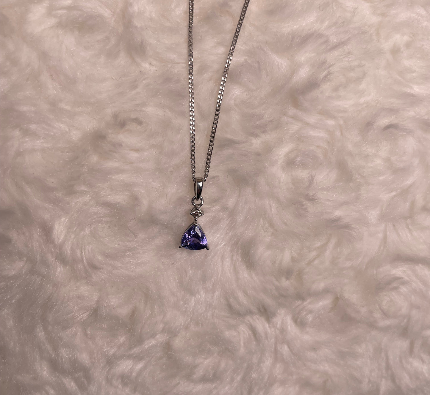 9ct White Gold Triangle Tanzanite Pendant with Small Diamond Necklace