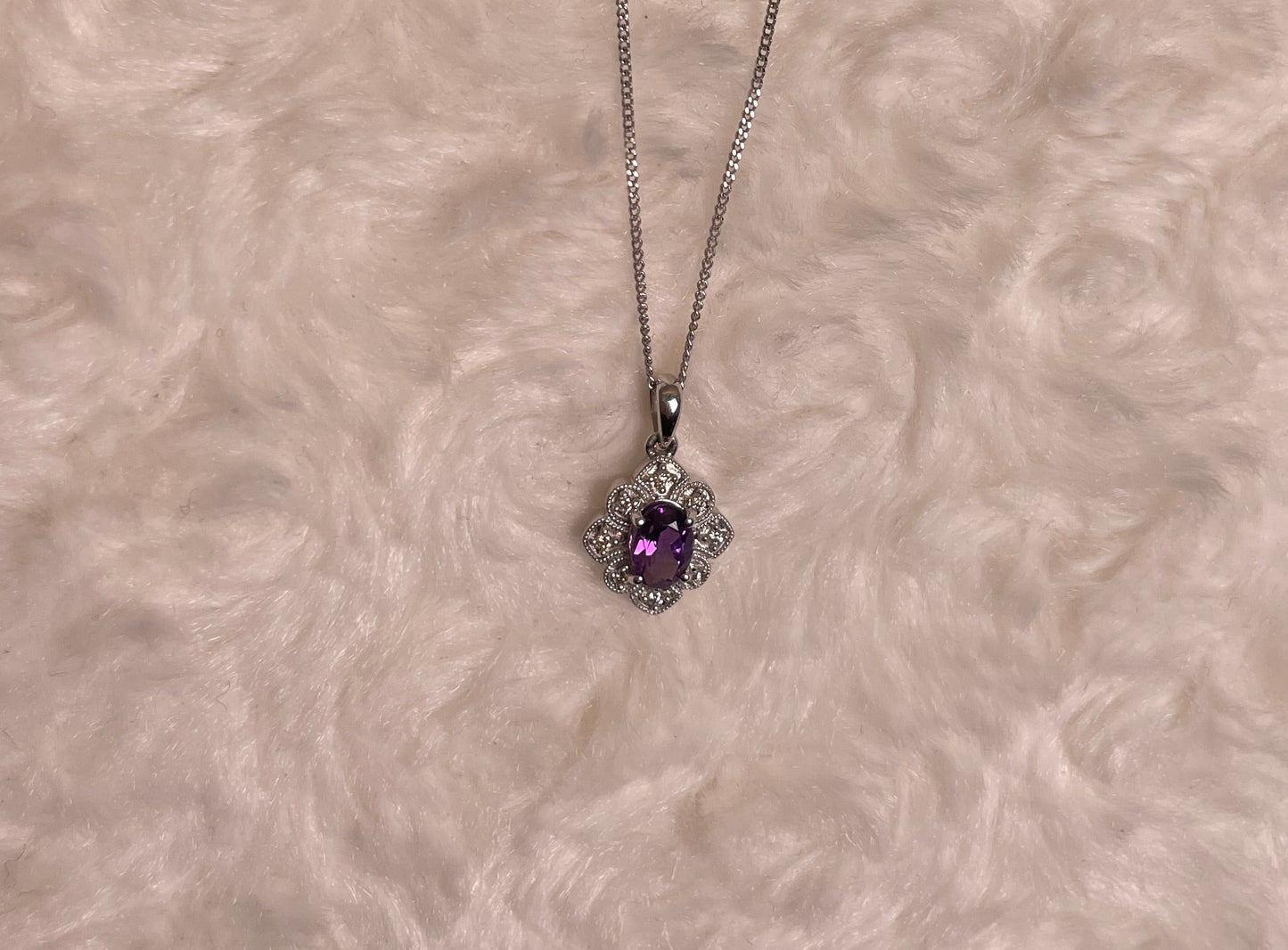 9ct White Gold Amethyst & Diamond Art Deco Pendant Necklace