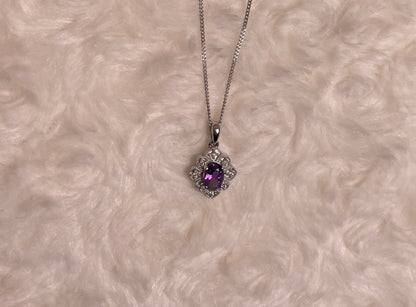 9ct White Gold Amethyst & Diamond Art Deco Pendant Necklace