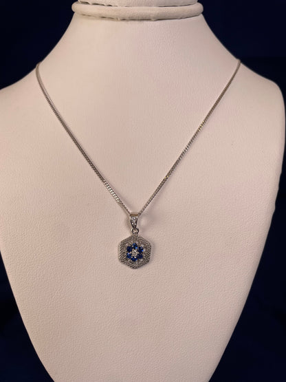 9ct White Gold Sapphire & Diamond Hexagonal Design Pendant Necklace
