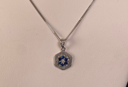 9ct White Gold Sapphire & Diamond Hexagonal Design Pendant Necklace