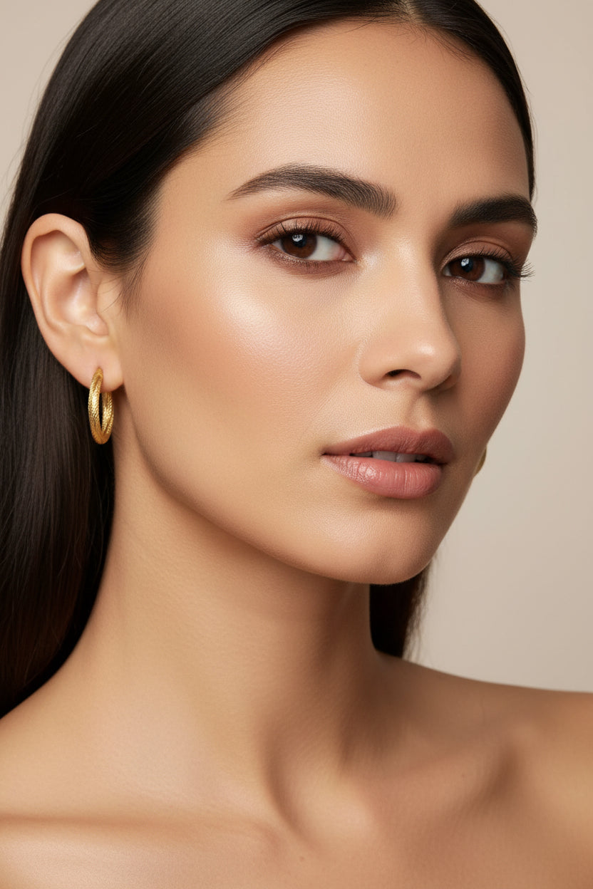 9ct Yellow Gold Patterned Matte Finish Hoop Earrings