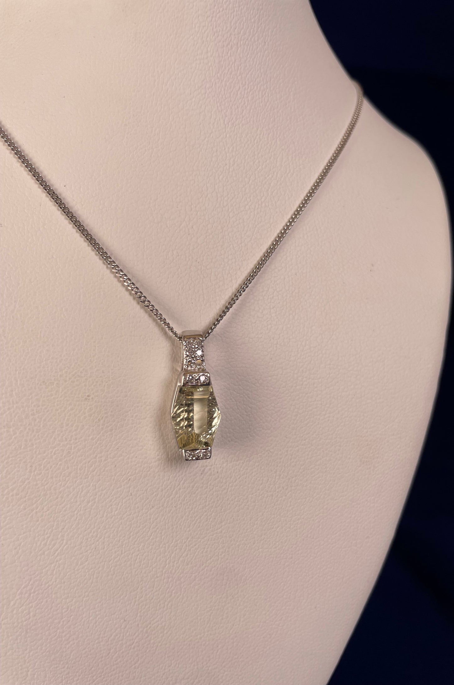9ct White Gold Lemon Quart & Diamond Pendant Necklace