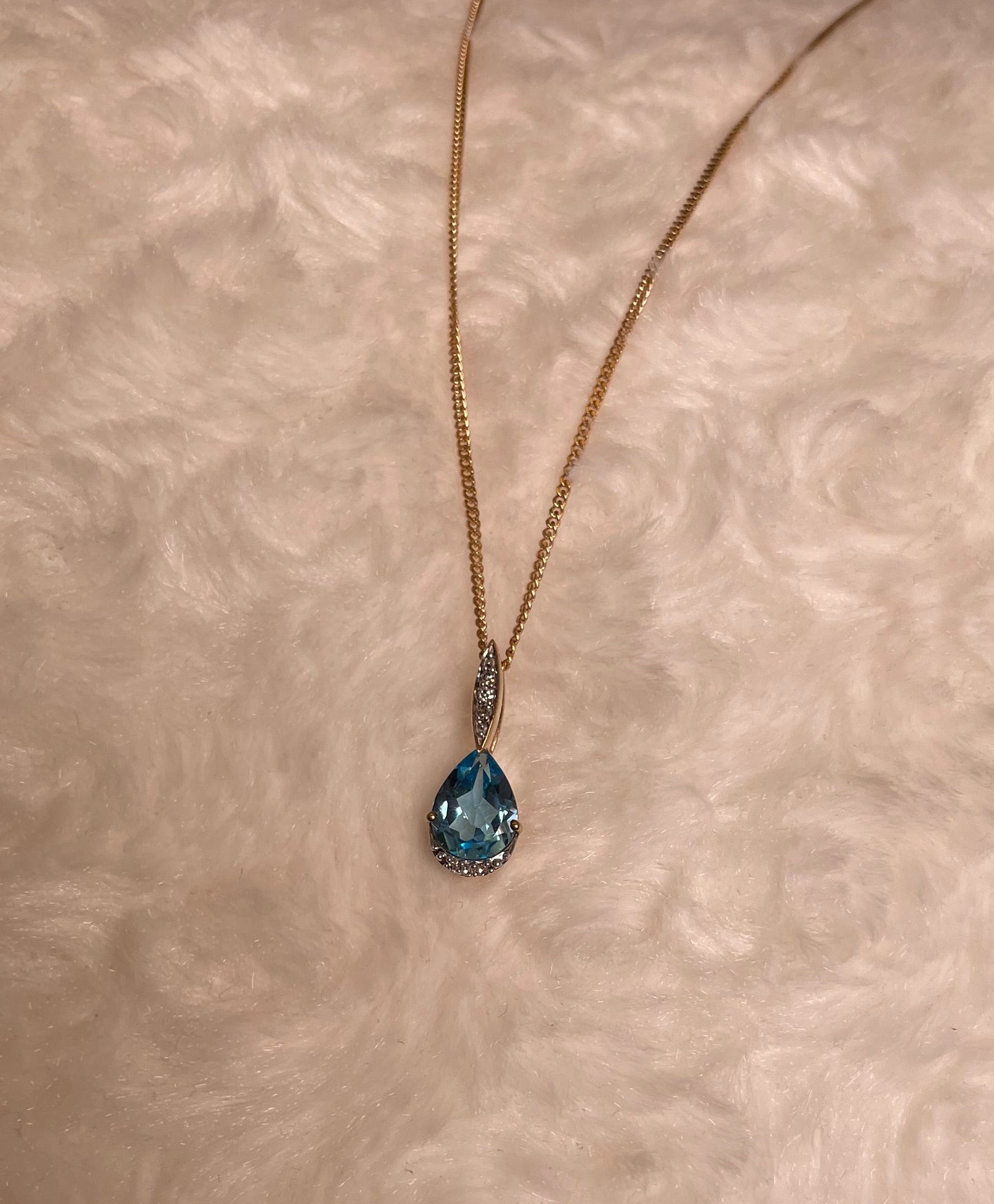 9ct Yellow Gold Pear Shape Blue Topaz & Diamond Pendant Necklace