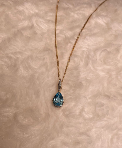 9ct Yellow Gold Pear Shape Blue Topaz & Diamond Pendant Necklace