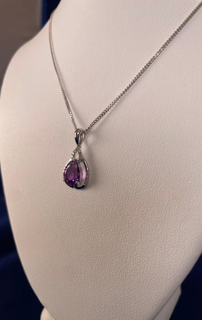 9ct White Gold Pear Amethyst & Diamond Pendant Necklace