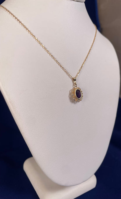 9ct Yellow Gold Rubover Set Oval Amethyst with Filigree Surround Pendant Necklace