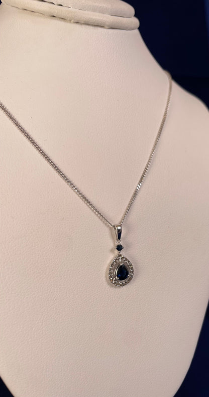 9ct White Gold Sapphire & Diamond Pear Shaped Pendant Necklace